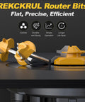 Pro Grade 3 Piece Lock Miter Router Bit Set delivers smooth 45-degree cuts, featuring sturdy carbide bits on a table setup.