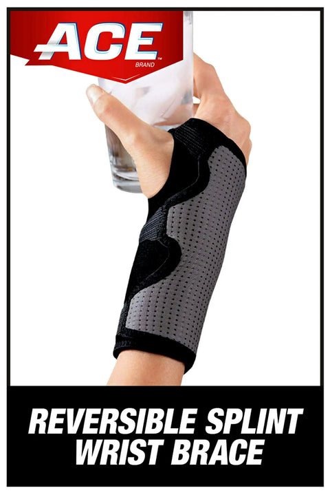 Reversible Wrist Brace for Sore, Weak, and Injured Wrists, Breathable Comfort, Adjustable Palmar Splint, shown holding a glass.
