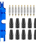 Valve Core Kit 21 Piece Set With 10 Brass Valve Cores 10 Stem Caps And Remover Tool For Bikes Motorcycles Cars Trucks ATVs Lawn Mowers And More Great For Presta And Schrader Systems showing tool, cores, and caps