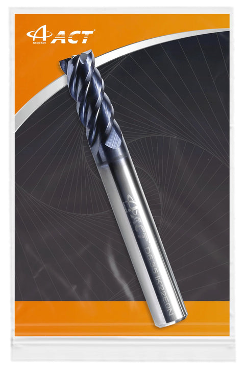 Accu-Cut ACT 1/4 in carbide square-end mill, angled front view, 4-flute, AlTiN-coated.