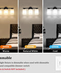 Three Light Matte Black Vanity Lights Over Mirror With Milk White Glass Shades in warm, natural white, and cool settings