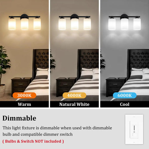 Three Light Matte Black Vanity Lights Over Mirror With Milk White Glass Shades in warm, natural white, and cool settings