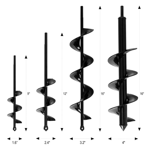 Front view: VASGOR set of four garden auger bits in black steel, sizes 1.6x9, 2.4x12, 3.2x16, 4x16.