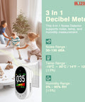 Plug-In Wall Decibel Meter With 3-In-1 Noise Temp And Humidity Detector For Home, Classroom, Library Or Rental, Real-Time Sound Level Readout With Fast Or Slow Refresh, Max/Min Data Hold, 30-130 dBA on white wall unit