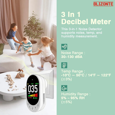 Plug-In Wall Decibel Meter With 3-In-1 Noise Temp And Humidity Detector For Home, Classroom, Library Or Rental, Real-Time Sound Level Readout With Fast Or Slow Refresh, Max/Min Data Hold, 30-130 dBA on white wall unit