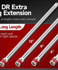 Eight Piece Three Eighths Inch Drive Socket Extension Set With Extra Long Bars, Socket Adapter, And Universal Joint.