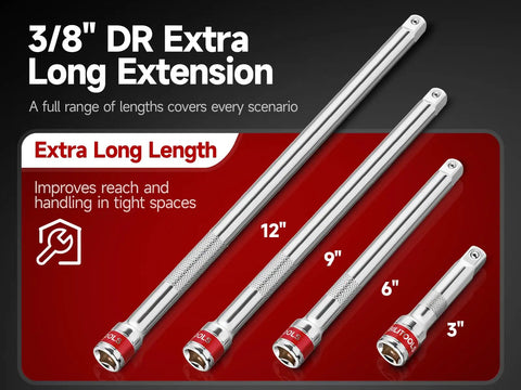 Eight Piece Three Eighths Inch Drive Socket Extension Set With Extra Long Bars, Socket Adapter, And Universal Joint.
