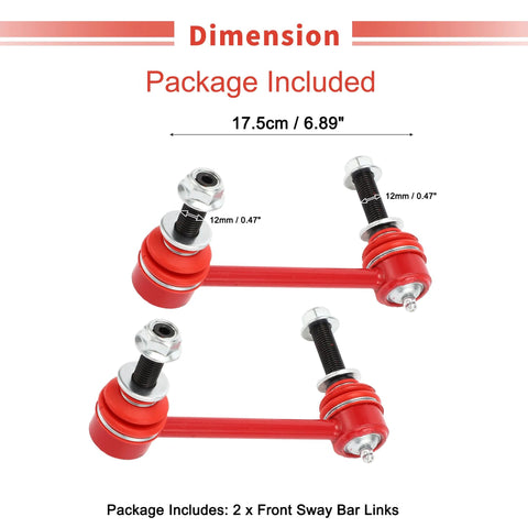 Two red front sway bar links for Toyota Tacoma; stabilizer links with bolt-on ends and washers, about 17.5 cm long
