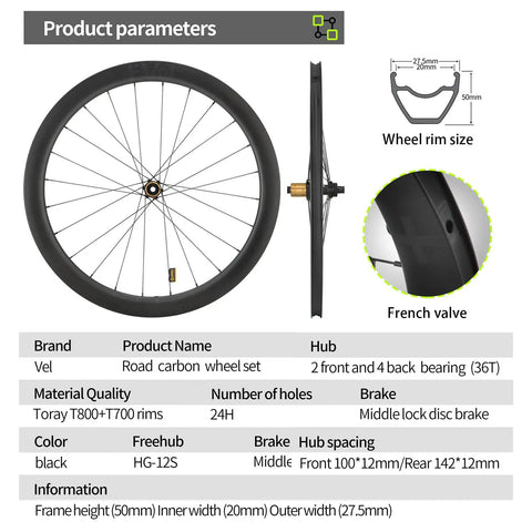 Vel Road Bike Carbon Wheelset 700C with disc brake, 50mm rim depth, shown with wheel and hub details, side and close-up view.
