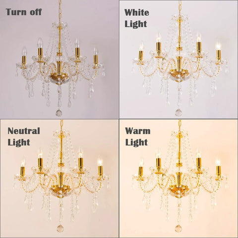 Showstopper Six Light K9 Crystal Chandelier Fixture For Dining Room And Living Areas in different lighting modes