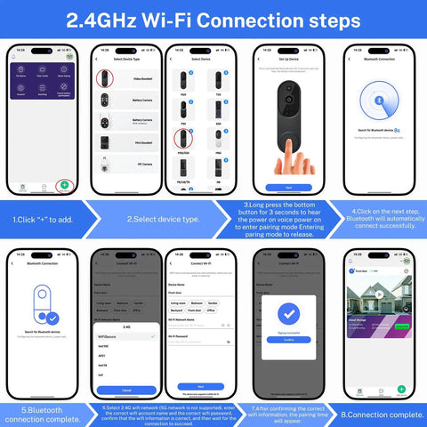 Smart Video Doorbell Camera With Battery Power, AI Human Detection And Instant Alerts, 2.4G WiFi connection setup steps