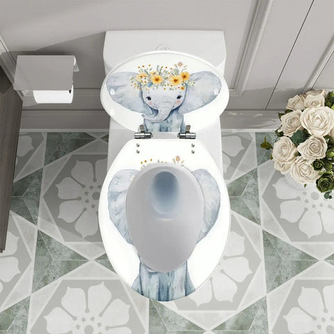 Elongated Toilet Seat for Bathroom with floral elephant design, fits standard round toilets in a modern bathroom setting.