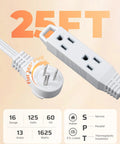 25 Ft Space Saving Flat Plug Extension Cord With 3 Prong Ultra Thin Power Strip And 360 Degree Rotating Plug 13A 125V 1625W 16 AWG