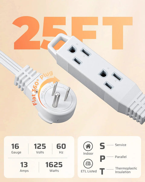 25 Ft Space Saving Flat Plug Extension Cord With 3 Prong Ultra Thin Power Strip And 360 Degree Rotating Plug 13A 125V 1625W 16 AWG