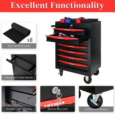 Professional 7 Drawer Rolling Tool Chest with Smooth Gliding Casters and Slick Powder Coated Steel Finish for Garage Crews and Badass Workshop Storage Setup showing drawers and key lock.