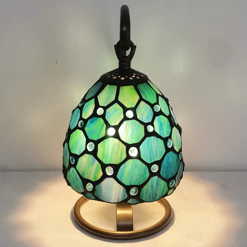 Small Tiffany Style Stained Glass Table Lamp Sea Blue Pearl 10 Inch Tall 6 Inch Wide 8 Inch Long Vintage Accent Night Light for Bedroom or Living Room UL Plug LED Compatible Bulbs Not Included Memory Sympathy Decor