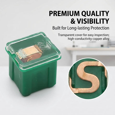 Road Ready 30 Piece Automotive Cartridge Fuse Assortment Kit 20 To 60 Amp Box Shape showing a 40A fuse with transparent cover for visibility.