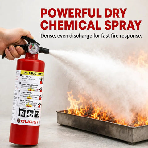 Heavy Duty ABC Fire Extinguisher Two Point Five Pound Dry Chemical discharging spray on flames for fast fire control.
