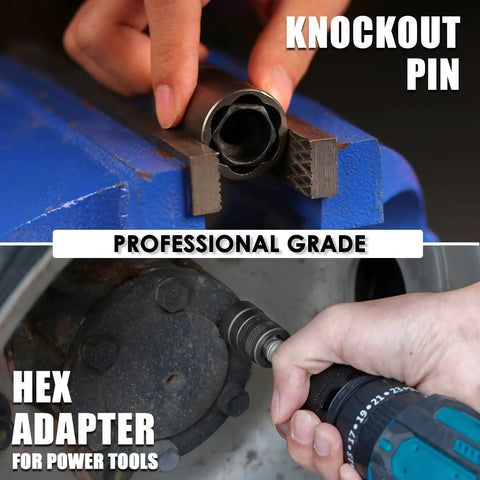 Knockout pin and hex adapter from a 38 Piece Bolt Extractor Kit For Damaged Nuts And Bolts in use, heavy duty chrome moly steel.