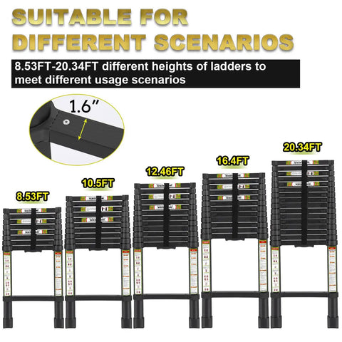 Telescopic Ladder For Home And Outdoor Use 10.5 Feet Aluminum Extension Ladder With Non Slip Feet, various heights shown