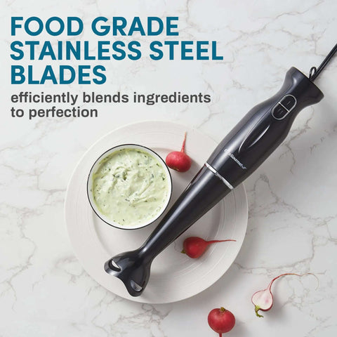 Heavy Hitter Immersion Hand Blender Packs A Killer 300 Watt Motor With Two Adjustable Speeds To Quickly Blend Silky Smoothies Thick Soups And Baby Food No Drama on a marble countertop with fresh radishes.