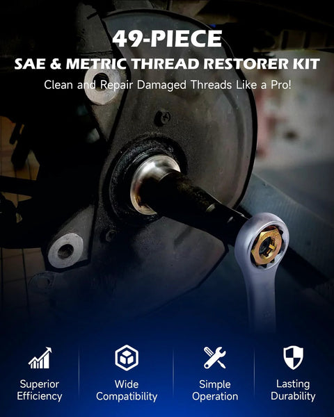 Installed view of Orion Motor Tech 49-piece thread repair kit with SAE/metric taps, dies and thread files in case