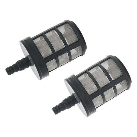 Two garden hose filters with double layer stainless steel mesh and barb connectors. Part of Four Pack Garden Hose Filters With Double Layer Stainless Steel Mesh Sixty Mesh Inlet Strainers For Everyday Home Water Lines Pro Grade Three Eighths Inch And One Half Inch Barb Connectors For Sprayers Pumps And Pressure Washers.