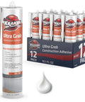 White Heavy Duty Construction Adhesive 12 Pack With Fast Cure And Strong Grab For Tile Wall Panels Marble And Granite Sticking Like Crazy For DIY And Pro Projects shown in packaging with one tube and adhesive drop.
