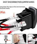 Close-up of Weatherproof 20A 12V 5 Pin SPST On Off Rocker Switch For Satellite Internet Dishes with easy disconnection wires.