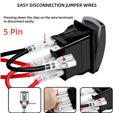 Close-up of Weatherproof 20A 12V 5 Pin SPST On Off Rocker Switch For Satellite Internet Dishes with easy disconnection wires.