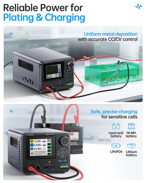 36V 8A Benchtop Power Supply With Ultra Low Ripple Under 10mV Aluminum Case USB A And Type C Ports in plating and charging setup