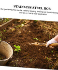Person using Stainless Steel Garden Hoe For Weeding And Planting Handy All Purpose Hand Hoe Tool in a small garden bed.