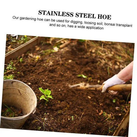 Person using Stainless Steel Garden Hoe For Weeding And Planting Handy All Purpose Hand Hoe Tool in a small garden bed.