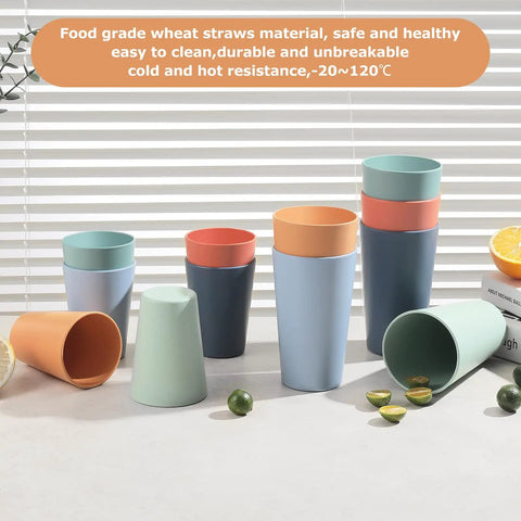 12 Piece Wheat Straw Cups Set With 6 Colorful 12 Oz Cups And 6 Colorful 20 Oz Cups Unbreakable BPA Free Reusable Plastic Drinking Cups