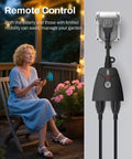 Outdoor Wireless Remote Control Outlet Kit With Weatherproof Heavy Duty Power Strip shown with remote operation outdoors