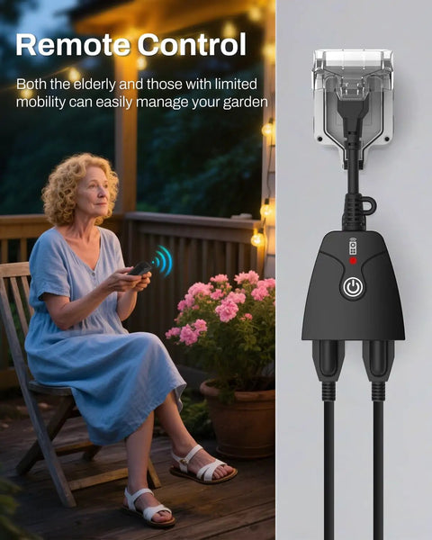 Outdoor Wireless Remote Control Outlet Kit With Weatherproof Heavy Duty Power Strip shown with remote operation outdoors