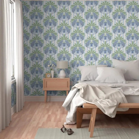 Top Shelf PVC Free Preppy Wallpaper With Heavy Duty Matte Linen Texture in a stylish bedroom with cozy bedding.