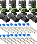 Premium 2 Pin Weather Pack Terminal Kit 10 12 Gauge With 24 Sealers X4 Towers And Shrouds For Quick Disconnect Male Female Splice Wiring Jobs That Hold Up Tough, black and green connectors