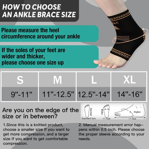Size guide for Copper Infused Ankle Brace for Women and Men Breathable Ankle Support Sleeve for Plantar Fasciitis