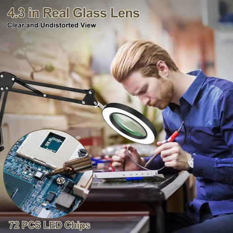 Man using LED Magnifying Glass Desk Lamp With Clamp For Reading And Craft Workbench, showing real glass lens and swivel arm.