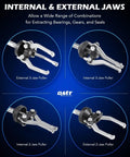 Diagram of 9-Way Internal And External Slide Hammer Puller Set with 5 lb hammer showing external and internal 2-jaw and 3-jaw pullers.