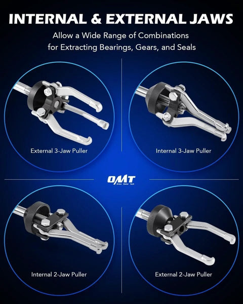 Diagram of 9-Way Internal And External Slide Hammer Puller Set with 5 lb hammer showing external and internal 2-jaw and 3-jaw pullers.