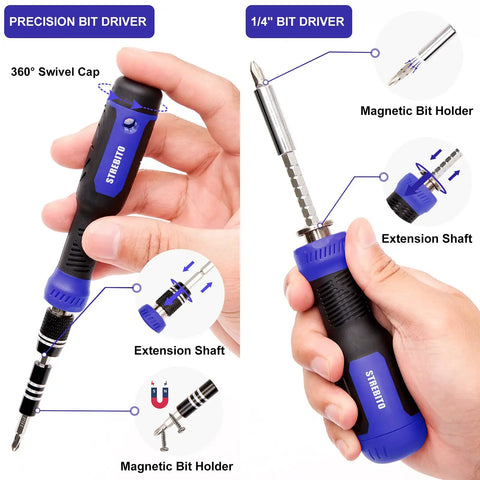 Hands holding precision bit driver and 1/4" bit driver from All In One Precision Screwdriver Set With 191 Piece Multi Bit Kit.