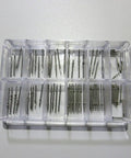 Assorted Stainless Steel Watch Winding Stems For Movements 2824 2836 2892 7750 Durable Replacement Pro Kit organized in a clear box