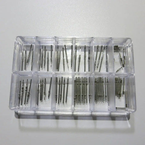 Assorted Stainless Steel Watch Winding Stems For Movements 2824 2836 2892 7750 Durable Replacement Pro Kit organized in a clear box