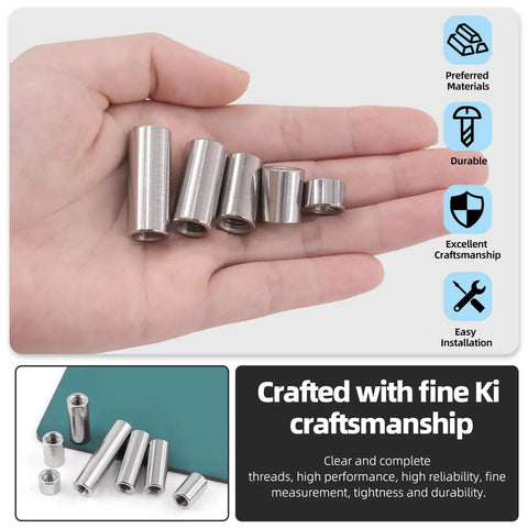 Top Shelf M8 Cylindrical Coupling Nuts 29 Piece Assorted Kit Built From Solid 304 Stainless Steel Metric Thread 8 Through 30mm in hand.
