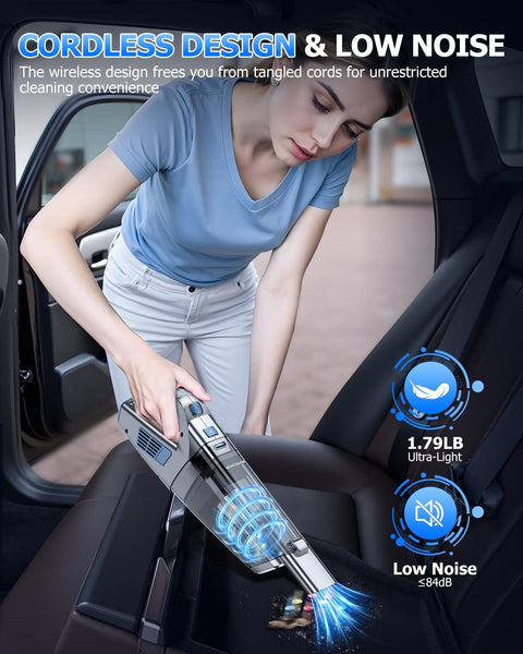 Person using Cordless Handheld Vacuum With 16000 Pa Suction Rechargeable Portable Car And Home Cleaner in car seat