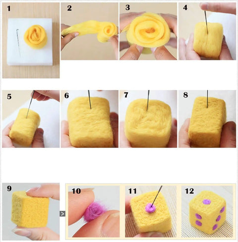 Steps to create a felted cube using Needle Felting Starter Kit With 40 Color Wool Roving 3 Grams Each For Felted Animals And DIY Wool Crafts