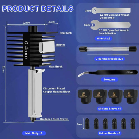 2 Pack Pro Grade Hotend Kit For A1 And A1 Mini 3D Printer Head Upgrade With Hardened Steel 0.4mm Nozzle and Silicone Socks