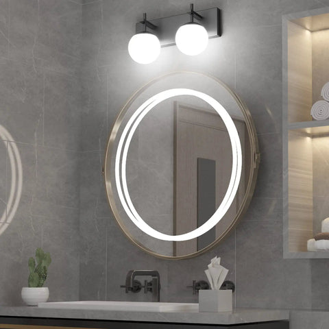 Matte Black Two Light Bathroom Wall Light Fixtures With Milky Glass Globes Sleek Mid Century Modern Vanity Lighting above mirror